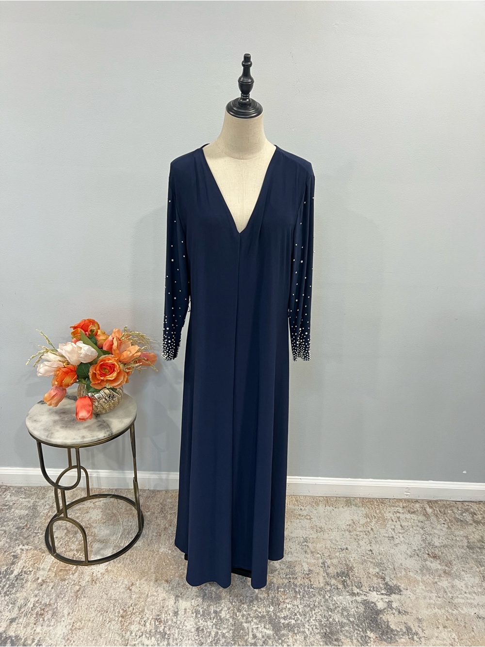 MSK Navy Blue Embellished Pearl & Crystal Encrusted Long Sleeves Midi Gown